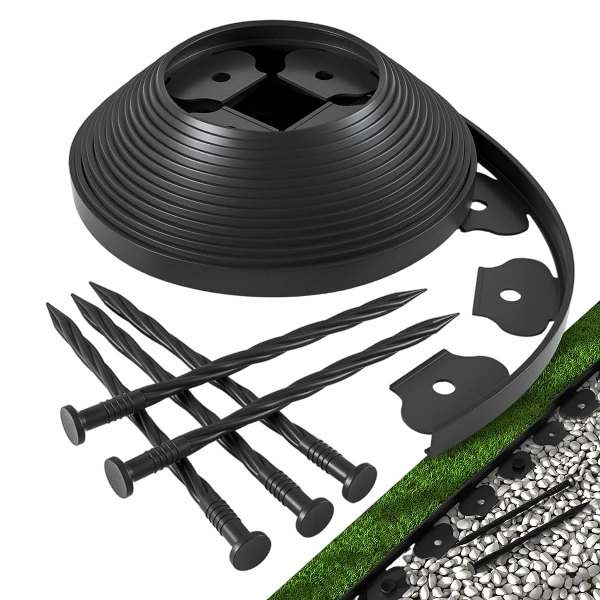 Sherry The Tall Wall No-Dig Landscape Edging Kit includes 32 ft of Lawn Edging and 30 Spikes. This Garden Plastic Edging Border is Perfect for Landscaping, Flower Gardens, and lawns. (Black-32ft)
