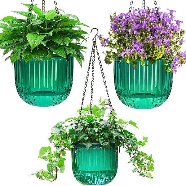 3 Pack Self-Watering Hanging Plant Pots, Plastic Planters with Drainage Holes, 2 x 6.5in & 1 x 4.5in, with 3 Hooks for Indoor & Outdoor Plants